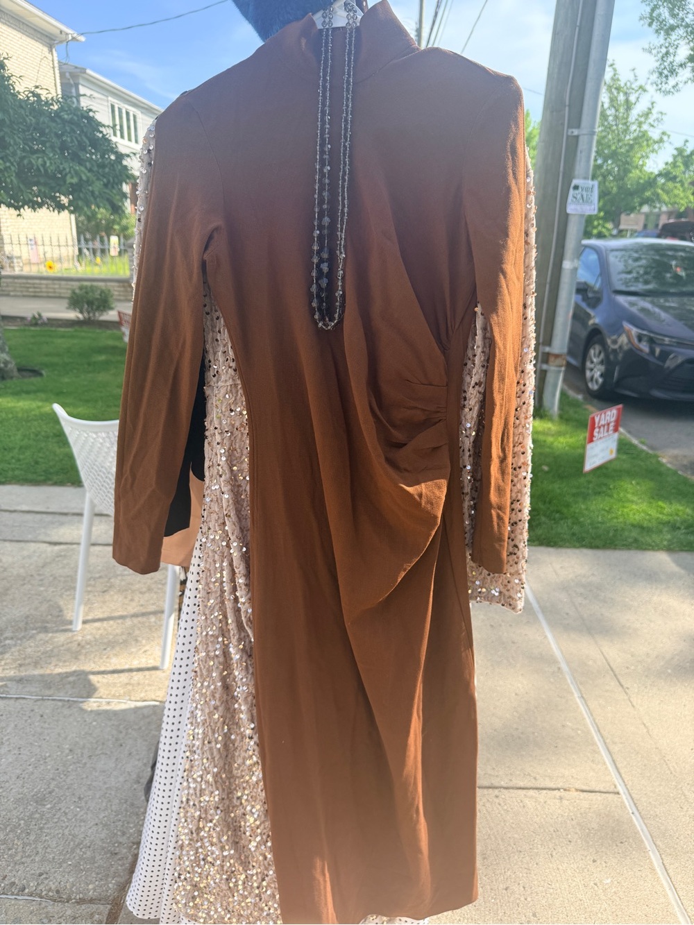 Brown Long-Sleeve Women's Dress with Sequin Accent